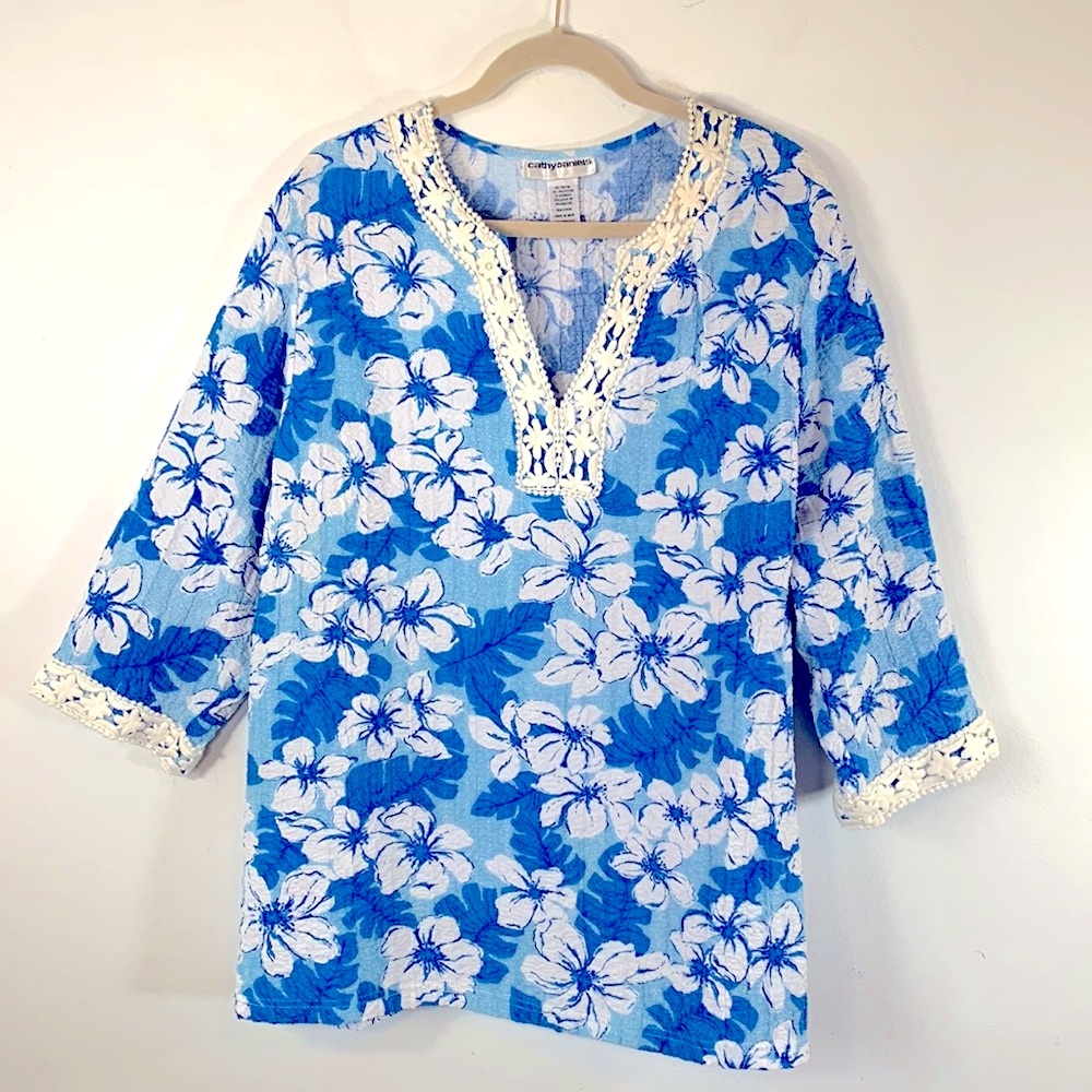 Cathy Daniels Floral Lace Trimmed Relaxed Fit Rayon Blend Tunic Top Womens 2X